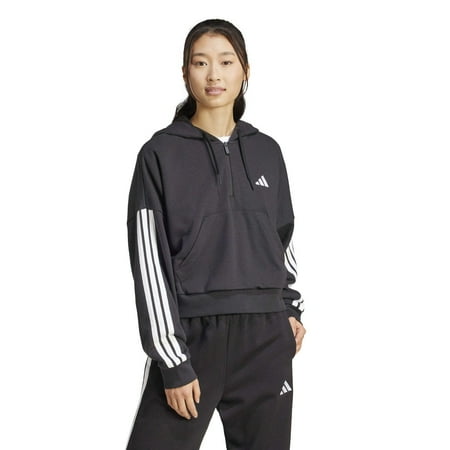 Women's adidas Essentials 3-Stripes Sportswear Quarter-Zip Hoodie Color: Black Size: LARGE