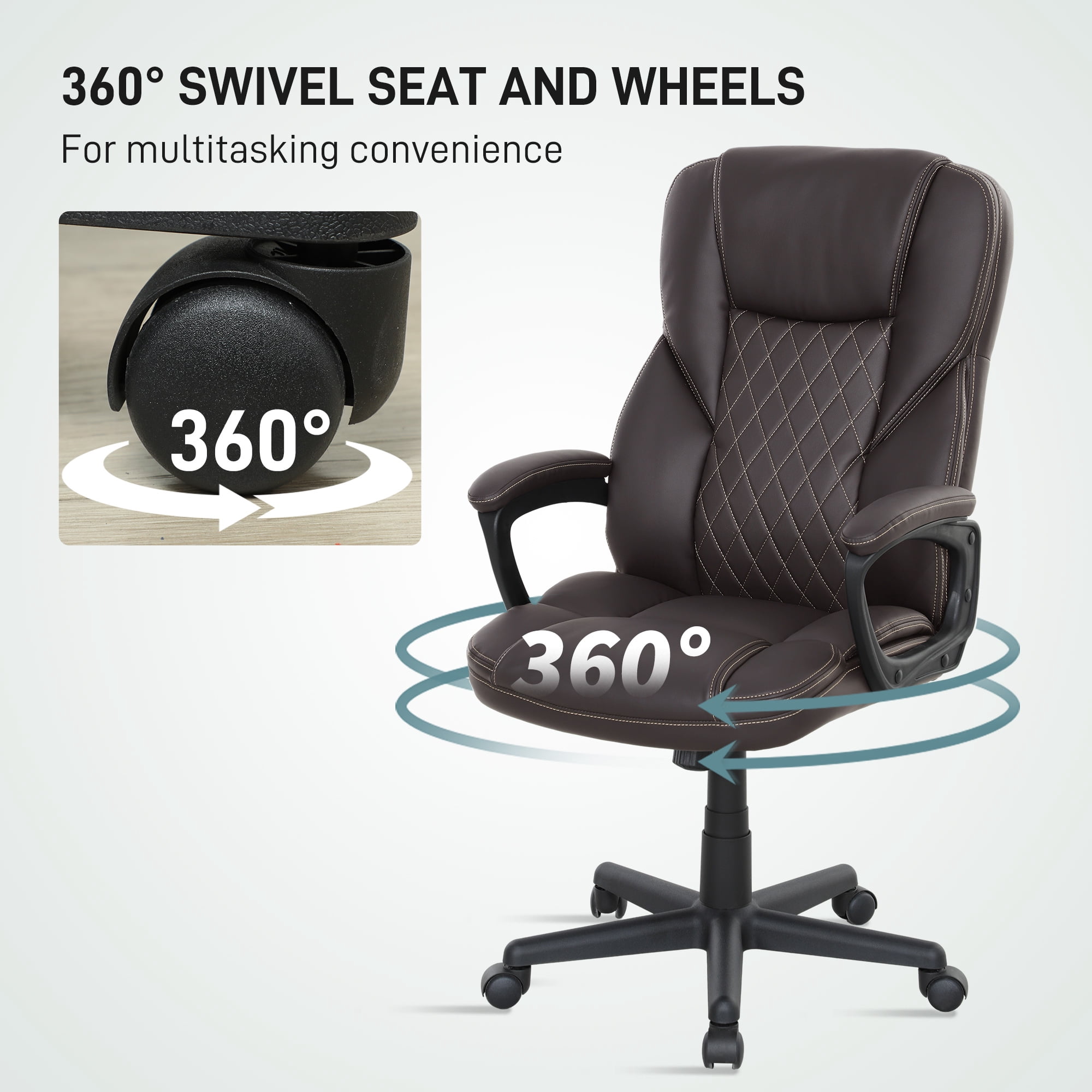 HOMCOM High Back Executive Office Chair, PU Leather Computer Desk Chair with Adjustable Height, Padded Armrests and Swivel Wheels, Brown