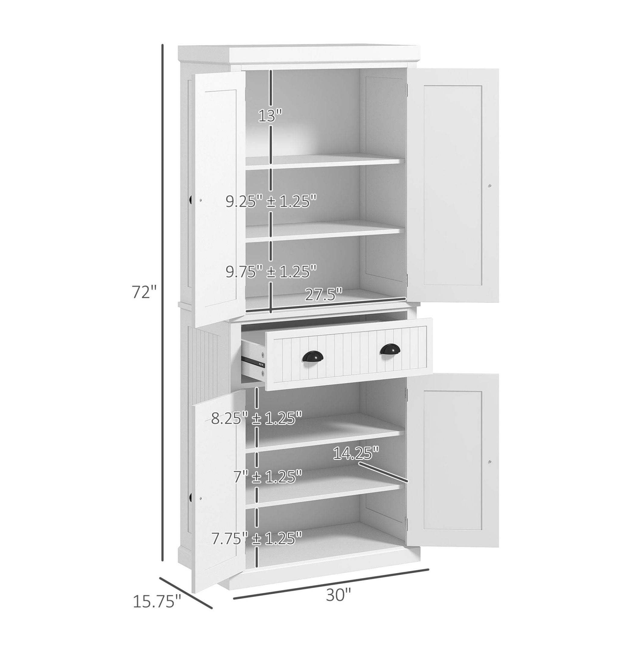 Kitchen Pantry Cabinet, 72" Freestanding Storage Cupboard with Drawer & Adjustable Shelves - White