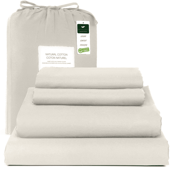 Lenzuola (Beige, Queen) 100% Natural Cotton 4 Piece Bed Sheets Set - Deep Pocket Sheets with Elastic All Around - Sateen Weave, Breathable & Cooling