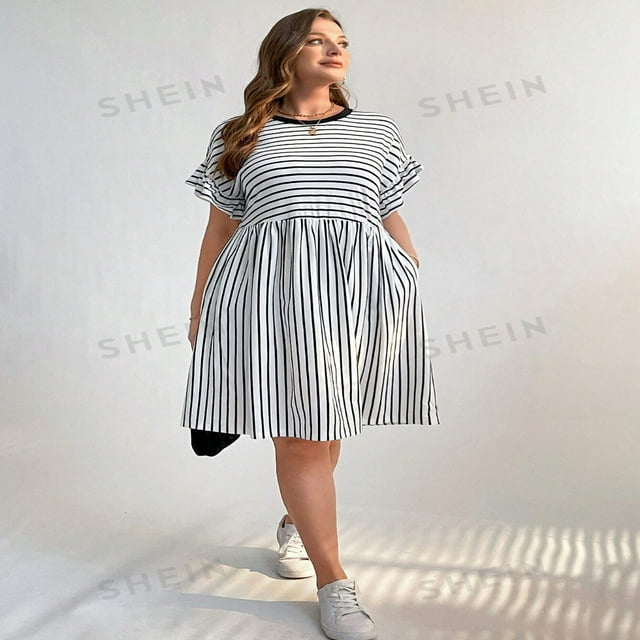 DEELLEEO Robe Décontractée Ample de Vacances à Rayures avec Poches pour Femmes Grande Taille, Vêtements d'Été pour Femmes, Robe Confortable, Vêtements d'Enseignante, Robe T-Shirt, Tenues de Rentrée, Vestido Noir et Blanc