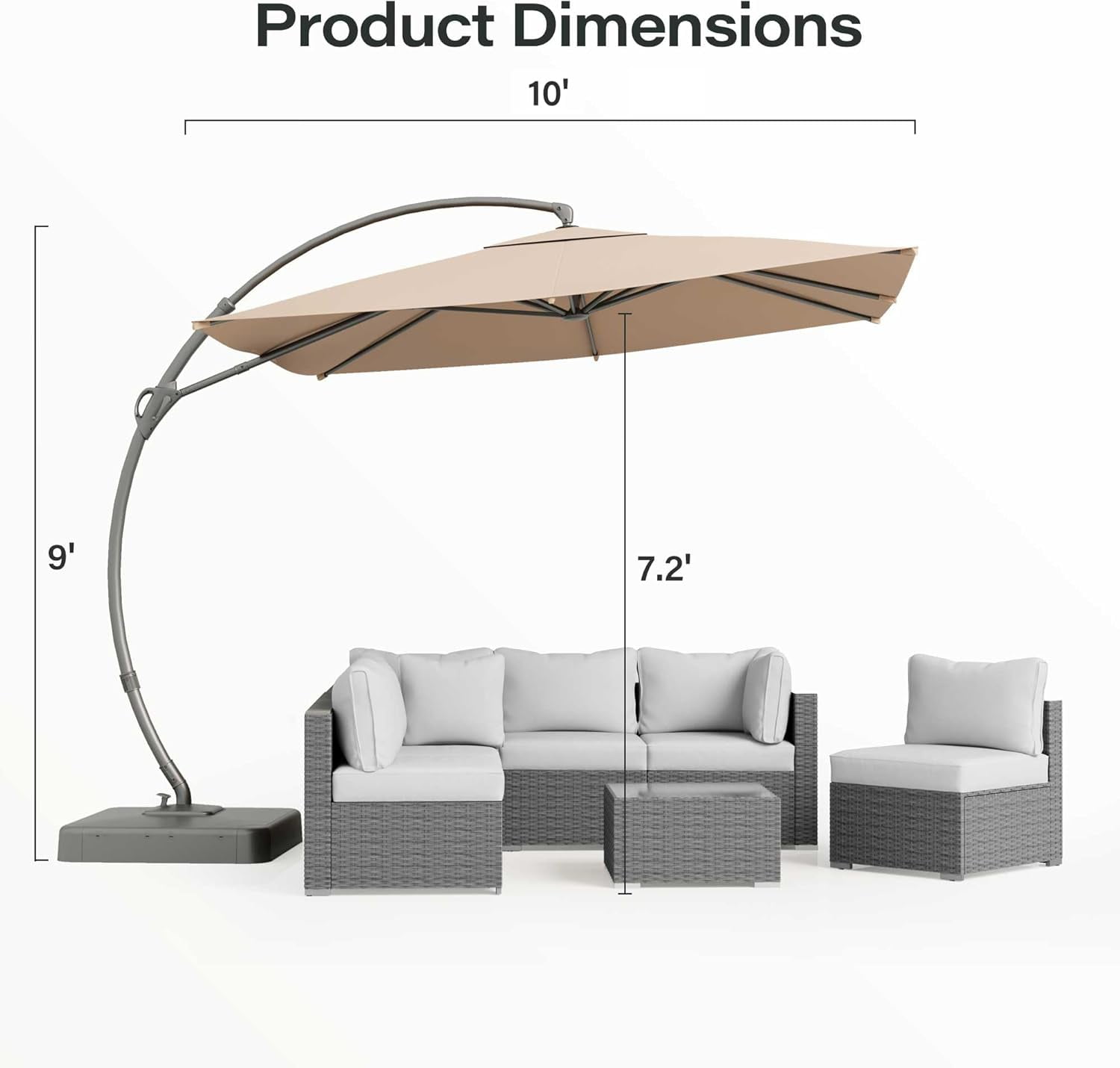 KAMEROUT 10x10FT Patio Umbrella with Base, Large Square Cantilever Heavy Duty Offset Hanging Umbrella with 360° Rotation for Market, Pool, Garden, Backyard
