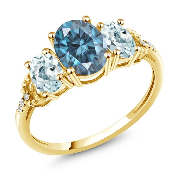 Gem Stone King 10K Yellow Gold 3-Stone Ring Oval Persian Blue Moissanite Aquamarine Sky Blue and Diamond | 2.42 Cttw | Three Stone Wedding Engagement Anniversary Promise Ring for Women (Size 6)