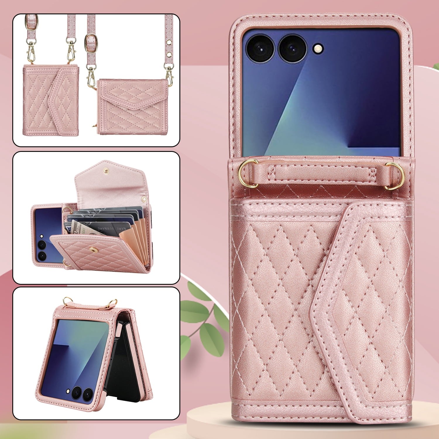 ShellTech for Samsung Galaxy Z Flip 7 PU Leather Flip Case with Wrist Strap, RFID Blocking PU Leather Crossbody Wallet Phone Case with Card Slot Cash Pocket Kickstand Case Cover,Rosegold