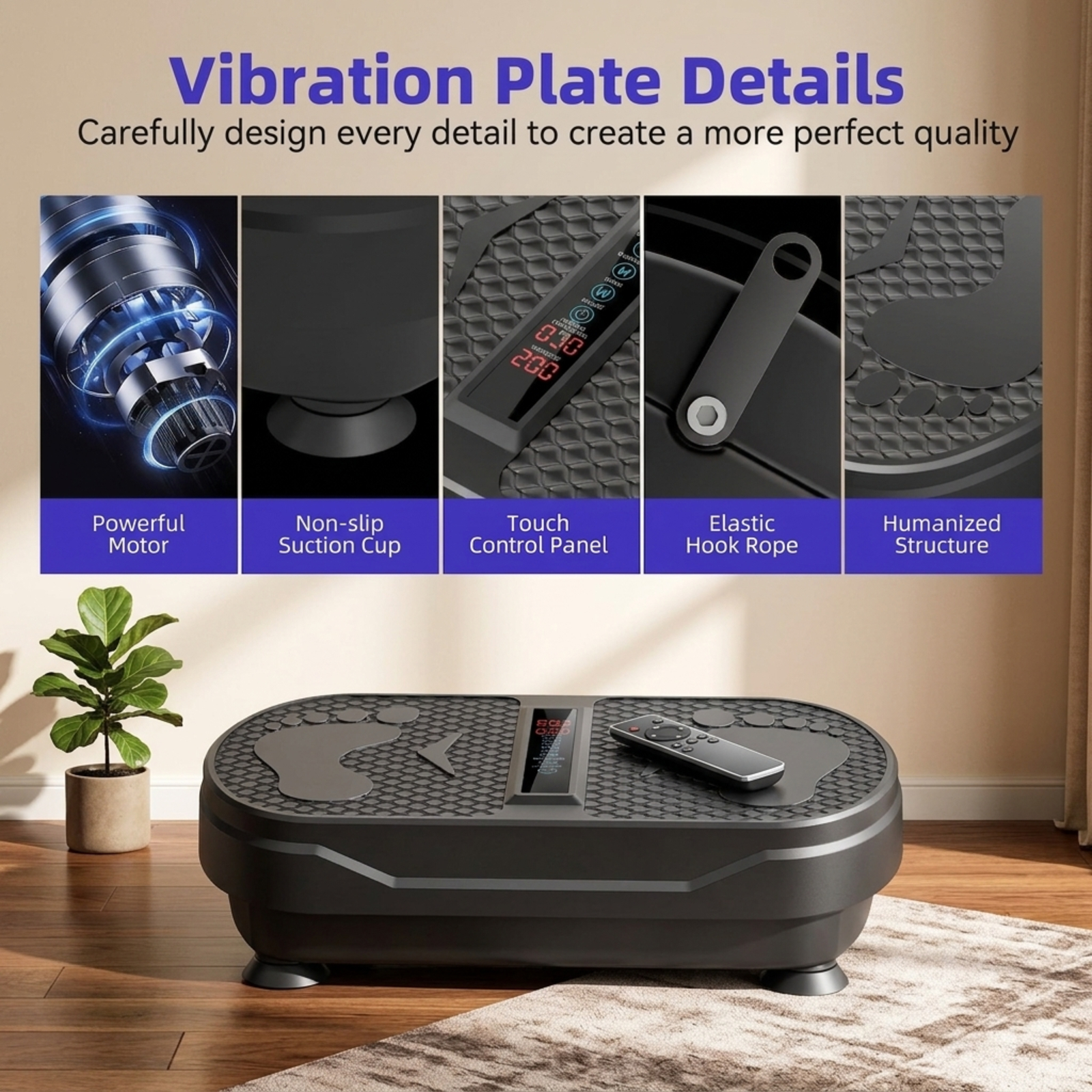 Fenbeli Vibration Plate Exercise Machine for Full-Body Workouts, 1-999 Speeds, Wireless Speaker, Remote, 2 Loops and 5 Resistance Bands, 450 lb Capacity, Black