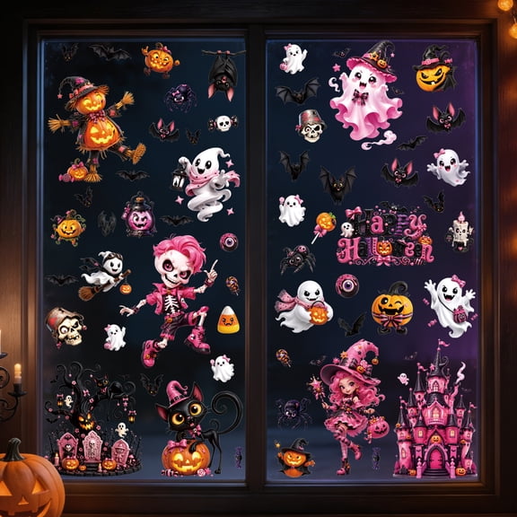 Pink Halloween Decor Set, Halloween Bats Wall Decor, Pink Party Decorations, Halloween Graveyard Decorations, 9 Pcs Pvc Static Glass, Cute Cartoon Skeleton Ghost Witch Themed