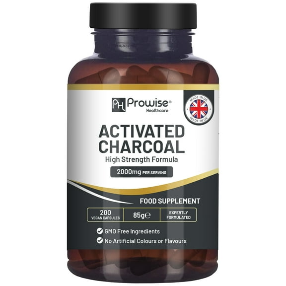 Activated Charcoal Capsules - 200 High Strength Vegan Capsules- 1200mg per serving I Made in the UK by Prowise Healthcare