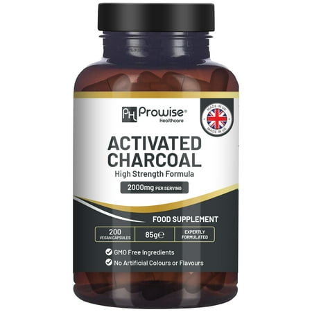 Activated Charcoal Capsules - 200 High Strength Vegan Capsules- 1200mg per serving I Made in the UK by Prowise Healthcare