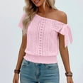 thumbnail image 7 of Lenpel Women's off One Shoulder Crop Tops Short Sleeve Tie Side Cinch Bottom Eyelet Embroidered T-Shirts Dressy Casual Tee Blouses, 7 of 7