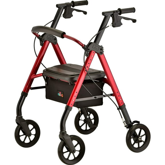 NOVA Medical Products Star DX Heavy Duty Bariatric Rollator Walker with Extra Wide Padded Seat, 8” Wheels, Fold Lock Feature, with Adjustable Seat Height & 450 lb Weight Capacity, Red