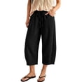 thumbnail image 4 of Josdec Women's Plus Size Casual Cropped Pants Wide Leg Barrel Elastic Drawstring High Waist Capri Trousers with Pockets for Summer Spring Fall, 4 of 9