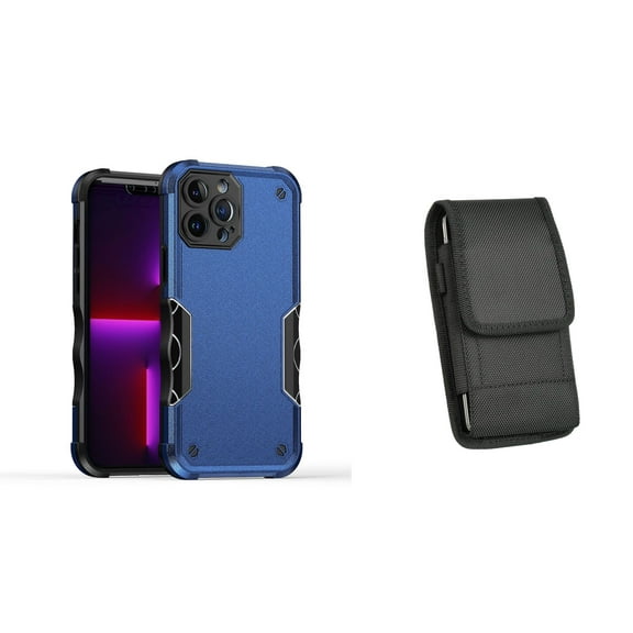Case with Belt Holster Bundle for iPhone 14 Pro: Slim EX Hybrid Series Shockproof Case (Blue) and Vertical Nylon Phone Pouch
