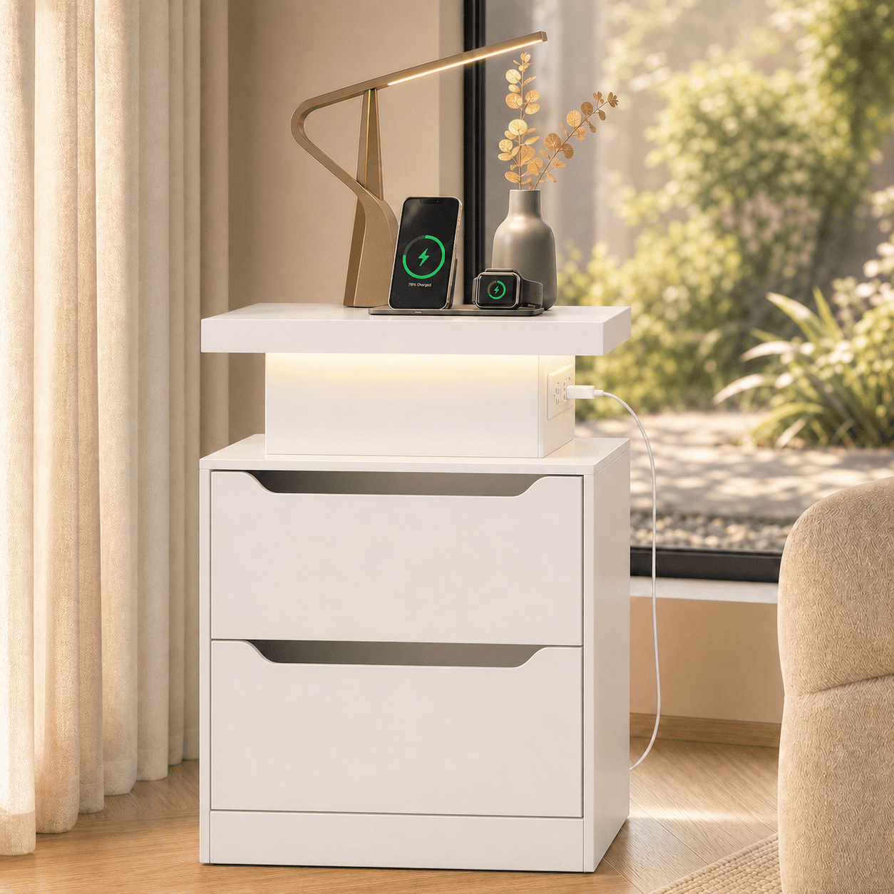 2 Piece Bedroom Set, Upholstered Bed Frame with 4 Storage Drawers & Adjustable Headboard, Noise-Free Slats, No Box Spring, + Plus LED Nightstand with USB/Type-C Charging & RGB Lights, Beige