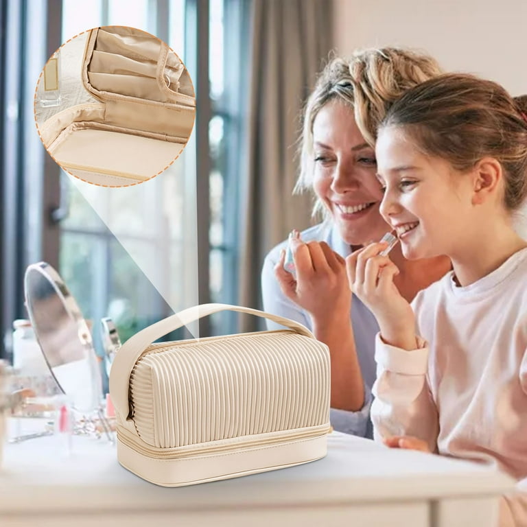 Yyeselk Bilayer Cream Toast Makeup Bag Cosmetic Bag Floral Travel Toiletry Bag Kawaii Aesthetic Cute Makeup Pouch Multifunction Storage Bag for Women