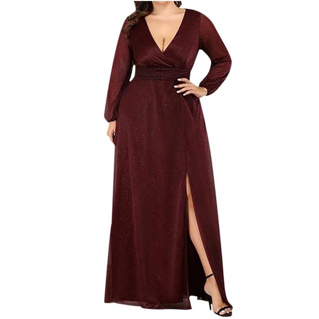 Mrat Robe à Manches Longues Col en V Robes de Bal pour Femmes Mode Dames Col en V Manches Longues Robe Unie à Paillettes Perspective Robe de Soirée Robes de Mariage pour la Mariée