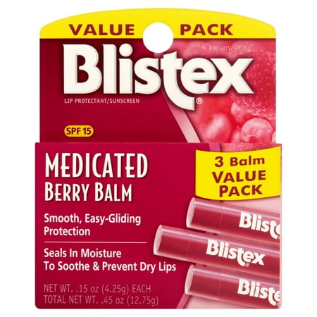 Blistex Medicated Berry Lip Balm with SPF 15, 3 Sticks per