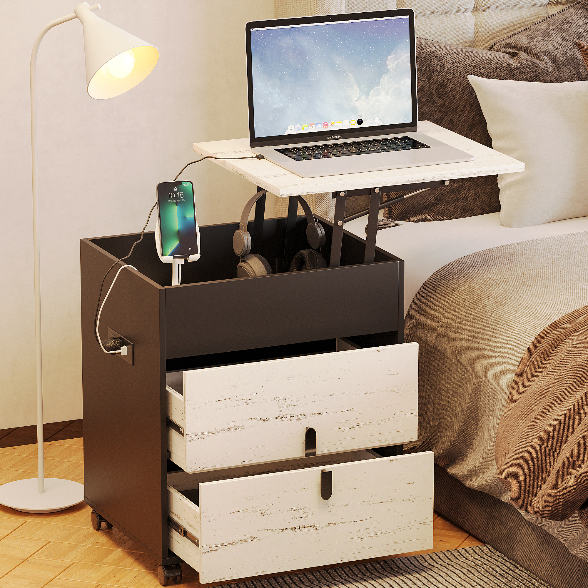 Lvifur Nightstand with Charging Station,Bedside Table Workstation, Adjustable Swivel Laptop Desk
