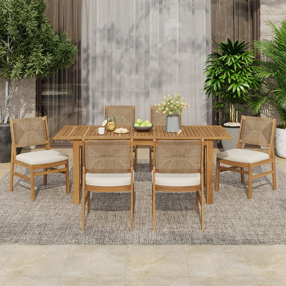 Christopher Knight Home 7-Piece Outdoor Dining Set, Expandable Wood Table & Woven Chairs with Cushions, Natural