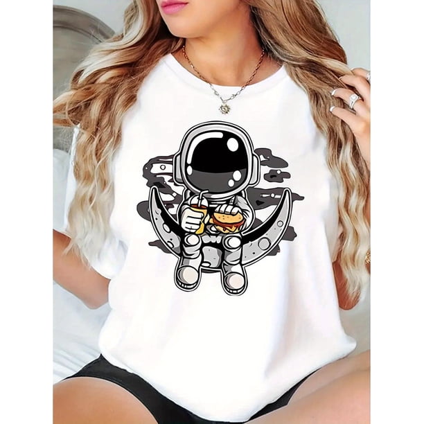 Camiseta para mujer Suave Transpirable veranoWomen's Casual Crew Neck T-Shirt with Creative Moon Astronaut Print, Geometric Pattern, Polyester 95% Spandex 5%, Medium Stretch Knit Fabric, All-Season