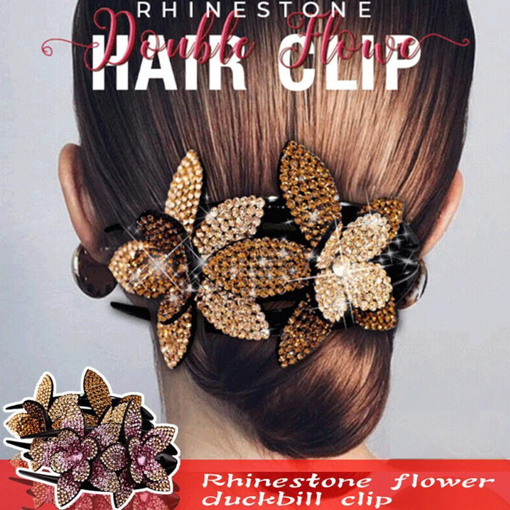 Women Rhinestone Double Flower Hair Clips Shinning Crystal Drills Duckbill Hair Claws Elegant Hair Combs Hairgrip Headwear Hair B7F2