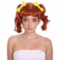 HPO Adult Women's Red Pigtail Wig – Shoulder-Length Costume Hair with Yellow Ribbons for Halloween