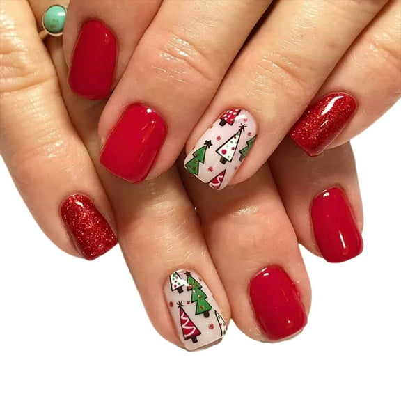 Christmas Tree False Nails Glittering Press On Nails Short Square Full Covers Stick on Nails Manicures Supply s for Woman