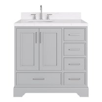 Ariel Stafford 36 Inch Single Left Offset Oval Sink Bathroom Vanity With Carrara White Quartz Countertop 1.5 Edge In Grey