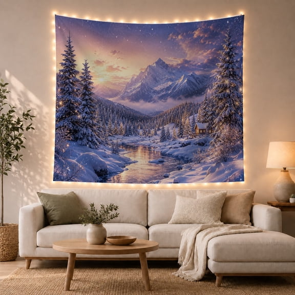 Snowy Mountain River with Pine Forest and Cabin, Serene Rustic Style for Nature Lovers, Winter Landscape Art, Christmas Gift, Tapestry Wall Hanging for Bedroom and Living Room