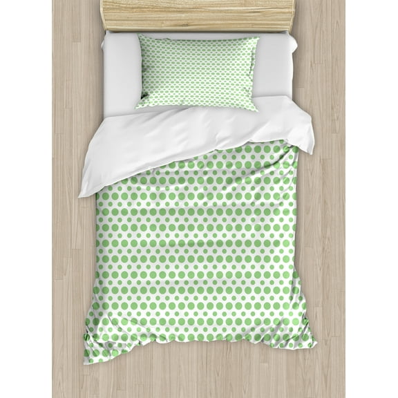 Green Duvet Cover Set, 60s 70s Pop Art Inspired Retro Green Polka Dots Circles Vintage Design Art, Decorative 2 Piece Bedding Set with 1 Pillow Shams, Twin Size, Fern Green and White, by Ambesonne