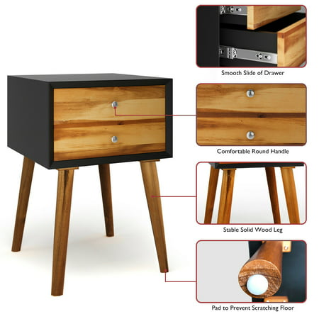 Gymax Wooden Nightstand Mid-Century End Side Table Living 