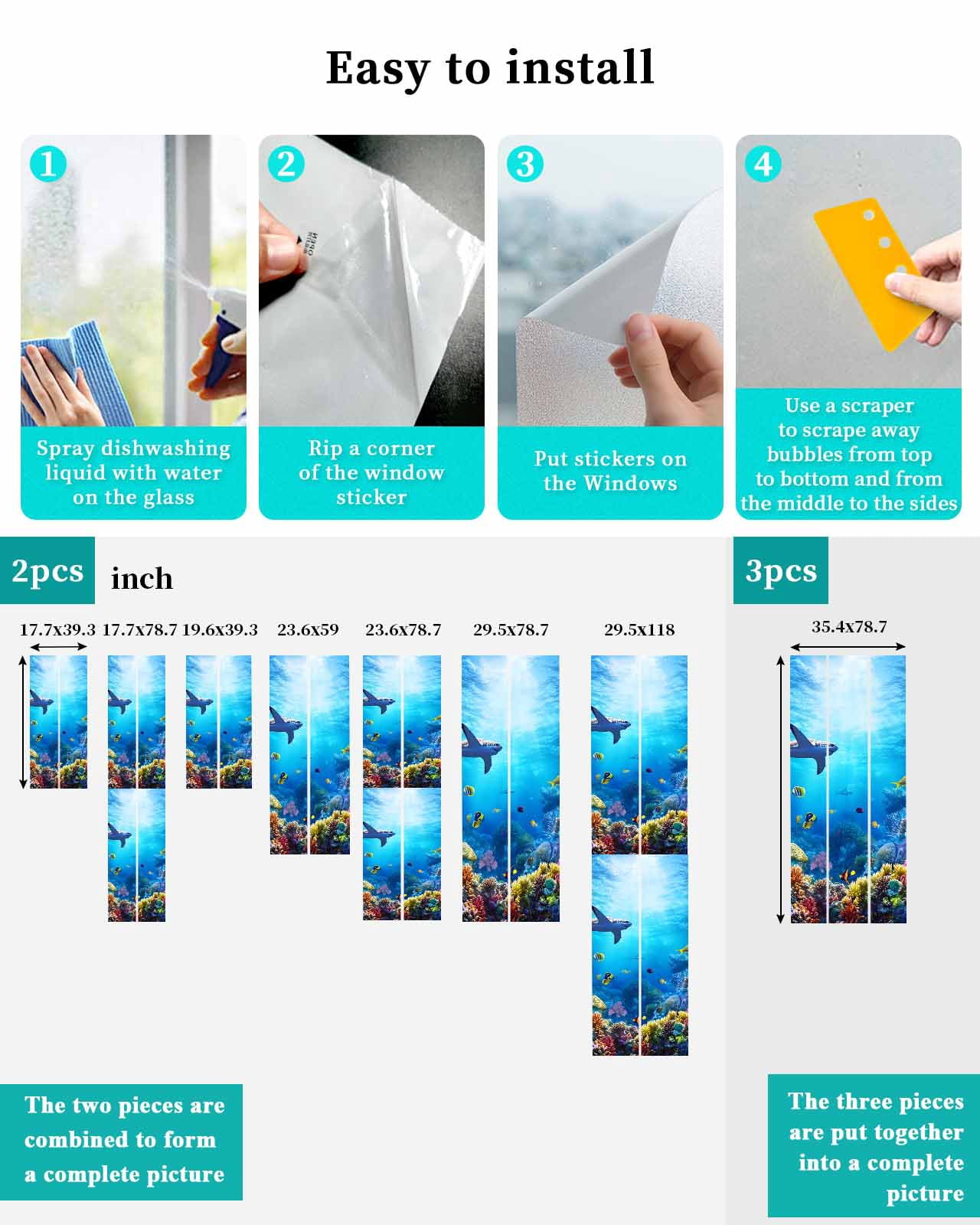 Window Privacy Film Shark Stained Glass Window Film Decorative Sun Block Window Cover Blue Ocean Underwater Animal Coral Tropical Fish Window Clings Static Adhesive Sticker for Bathroom 23.6"x59"