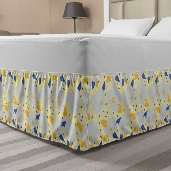 Floral Bed Skirt, Repetitive Flowers Hand Drawn Sketch Print, Elastic Bedskirt Dust Ruffle Wrap Around for Bedding Decor, 4 Sizes, Pale Yellow Multicolor, by Ambesonne