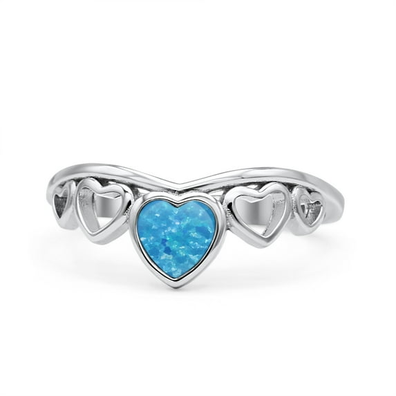 Hearts Petite Dainty Thumb Ring Lab Created Blue Opal Solid 925 Sterling Silver Size 7