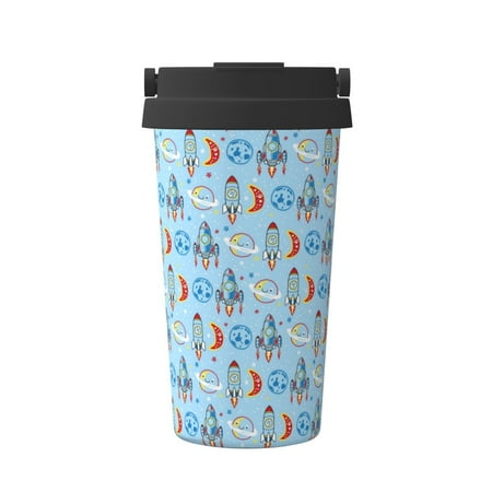 

Qekee Cartoon Rocket With Space Print Insulated Coffee Mug Coffee Tumbler Cup Thermos Mug Water Bottle with Handle & Flip