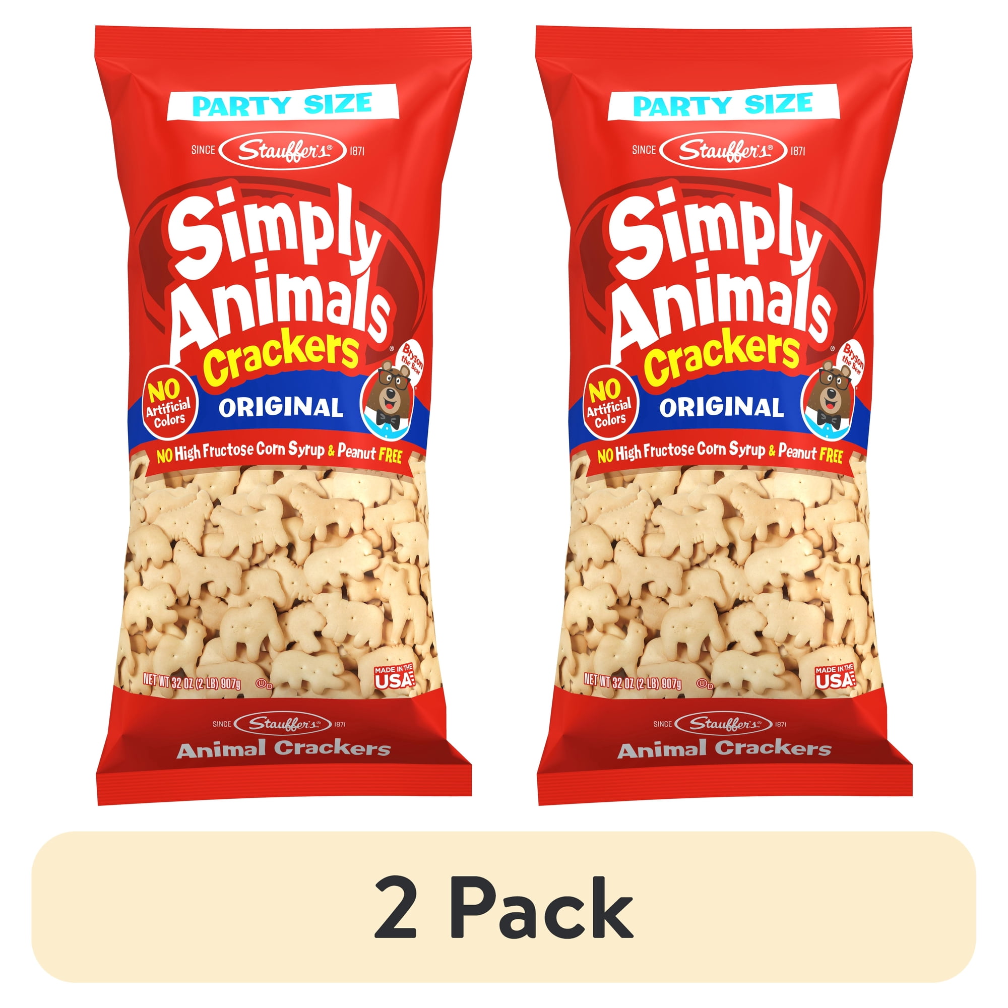 (2 pack) Stauffer's Simply Animals Original Animal Crackers, Fun Kid Snacks, 32oz Party Size Bag
