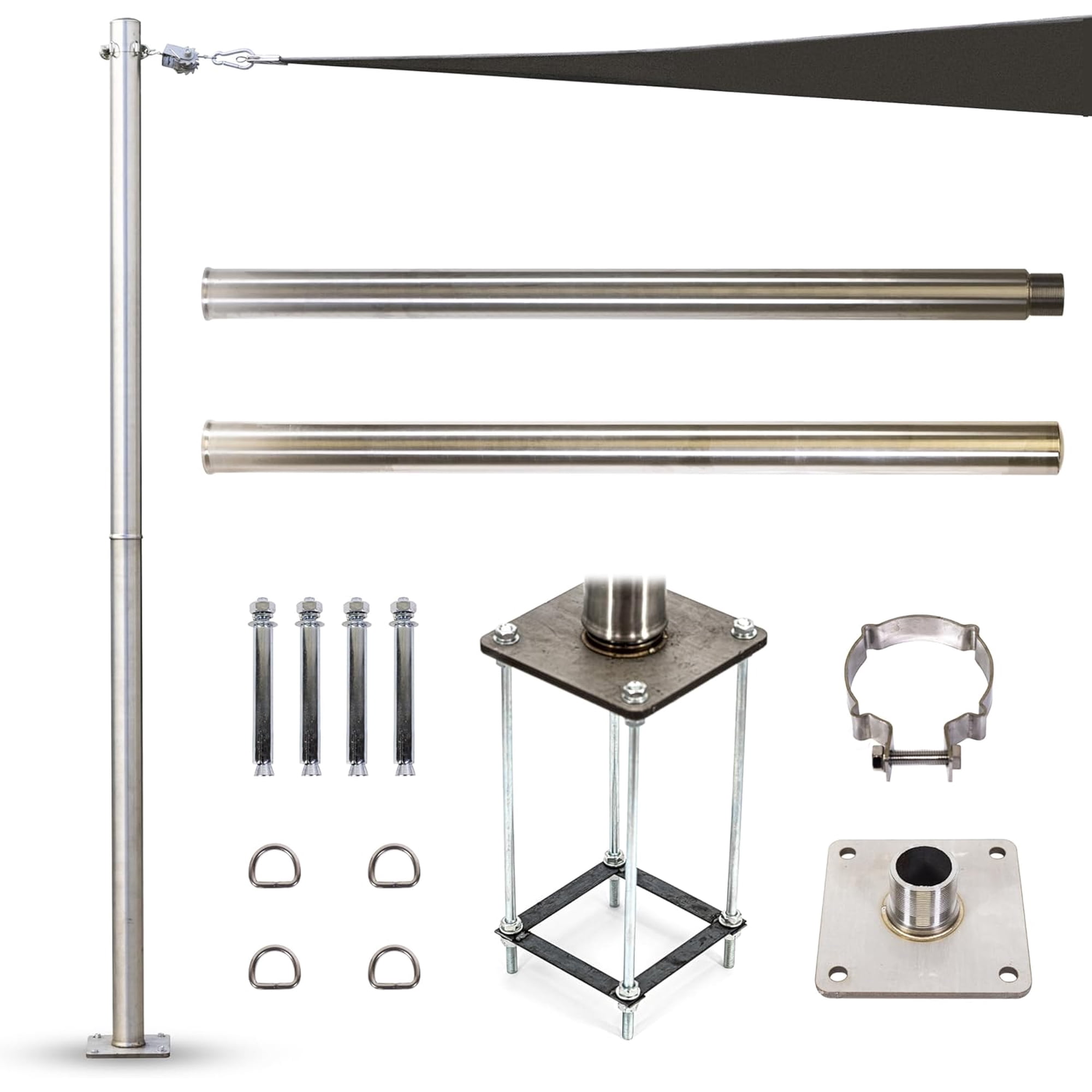 ShadeMart 8ft Tall Stainless Steel Sun Shade Sail Pole & Mounting Height Adjustable - Heavy-Duty Post Kit with Base Plate & Mounting Clamp & Easy Installation for Patio, Backyard, Outdoor, Deck