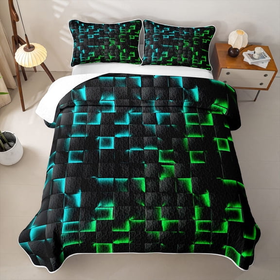 meiyoeat Classic Geometric Checkered Quilt Full For Kids,Gradient Neon Blue Green Full Bedspread Sets For Boys,3pcs