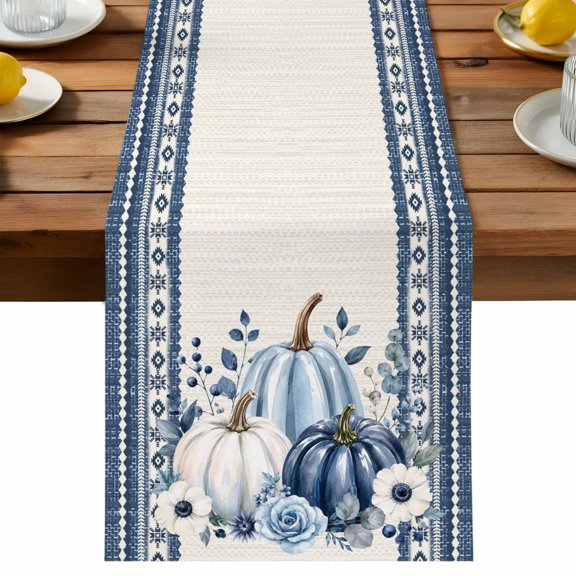 Table Runner 13x72in Long, Thanksgiving Blue Pumpkins Rose Linen Washable Dresser Scarf Retro Brown Background Kitchen Dinning Tablerunners for Holiday/Party/Wedding/Home Tables Decor