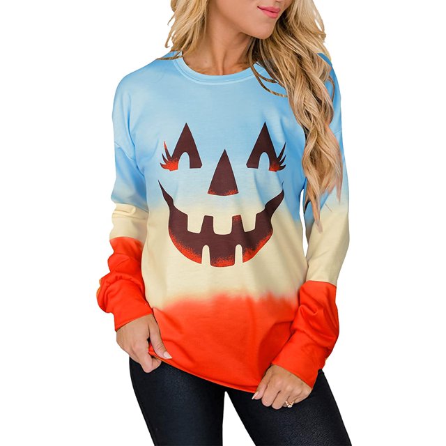 Chandails en Molleton Visage de Citrouille Halloween Femmes Mignon Pull Graphique Citrouille Décontracté Manches Longues Automne