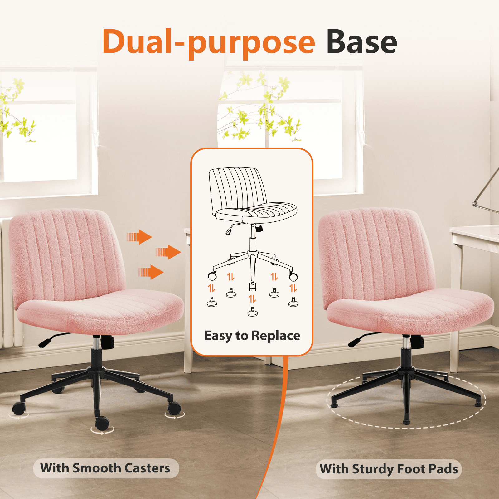 MAYEERTY Office Desk Vanity Chair Cross Legged Armless Swivel Fabric Height Adjustable Wide Seat with Replaceable Wheels/Fixed Base, Comfy Task Chair Padded