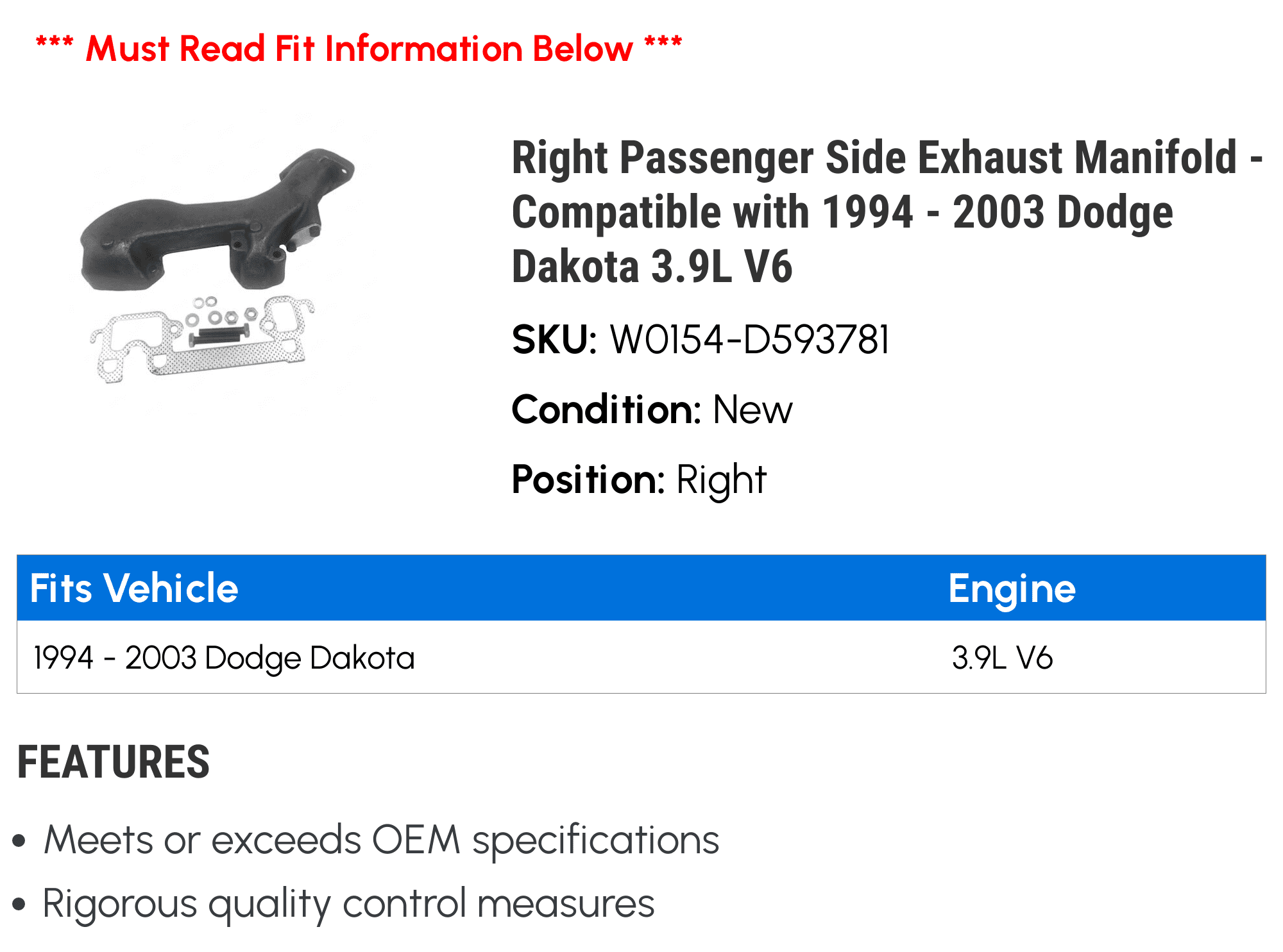 Right Passenger Side Exhaust Manifold - Compatible with 1994 - 2003 Dodge Dakota 3.9L V6 1995 1996 1997 1998 1999 2000 2001 2002
