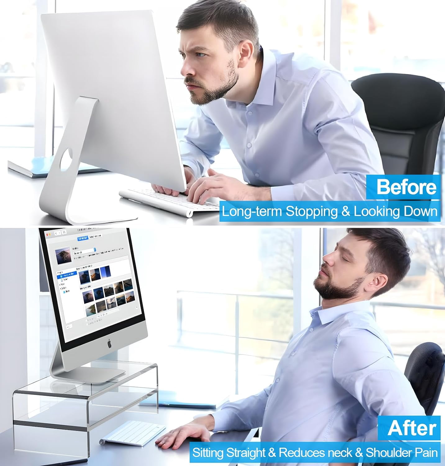 Acrylic Monitor Stand 2 Tiers Computer Riser 18x8x5.5 Inch Desktop Organizer for Office Home School Keyboard Storage