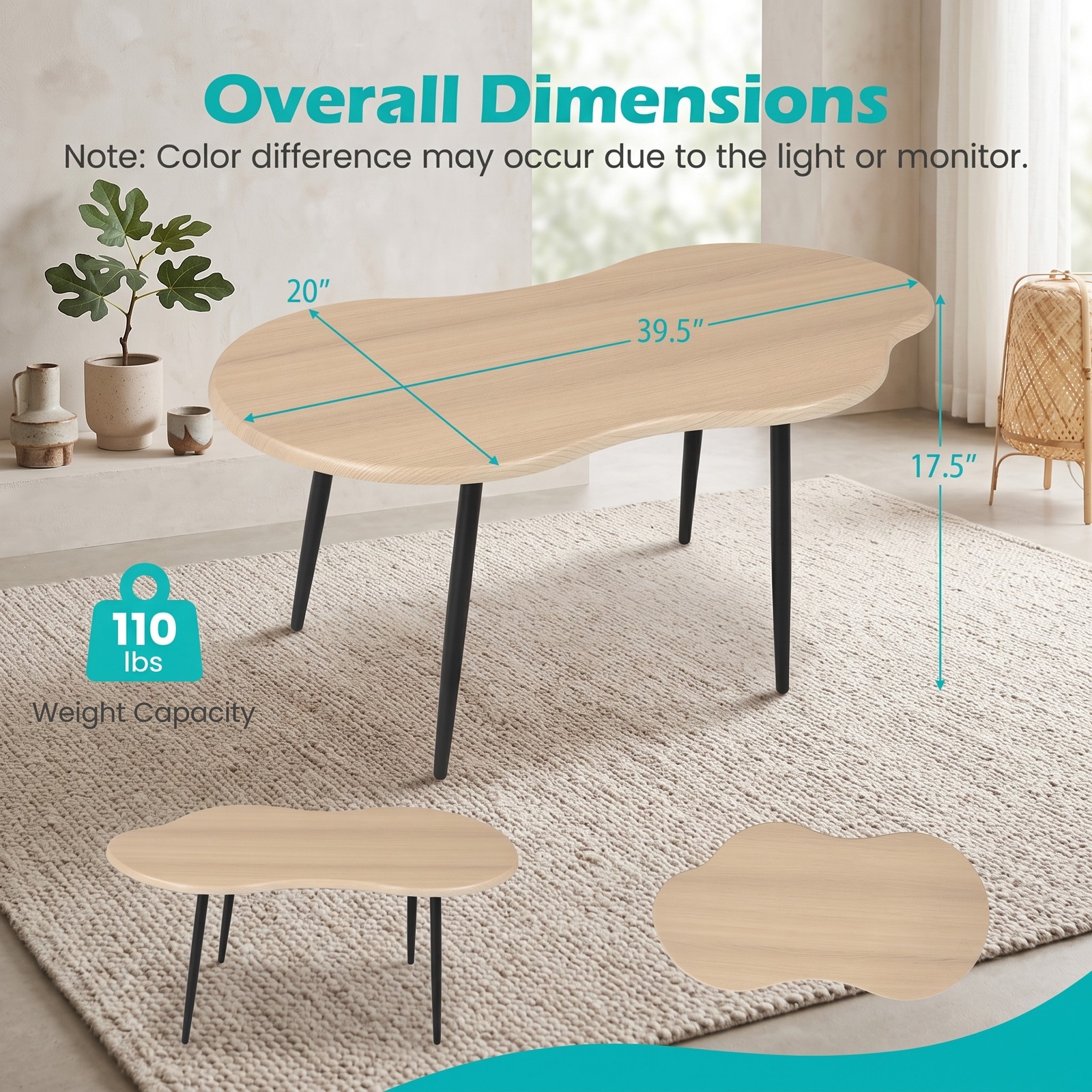Furnibear Cloud Shape Coffee Table, 39.5 Inch Irregular Free Form Center Table with Sturdy Metal Frame, Wide Engineered Wood Top Accent Side Table for Living, Natural