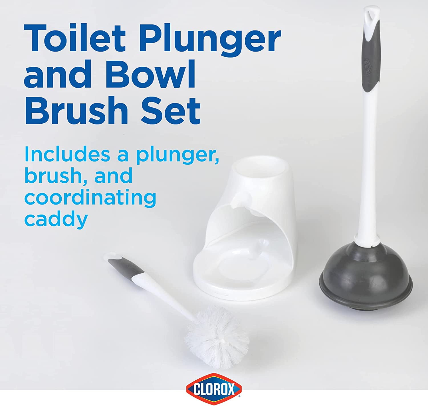 Toilet Plunger and Bowl Brush Combo with Caddy, 6.75 x 7 x 19.5 in, White/Gray