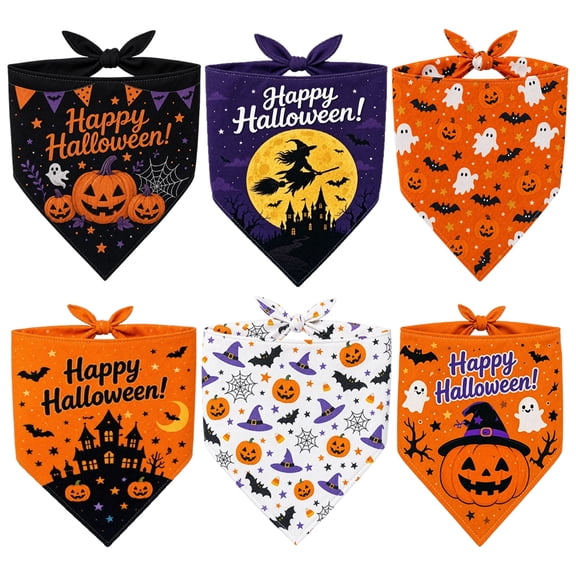 Halloween Dog Bandanas, Triangle Pet Neckerchief Dog Scarf Pumpkin Ghost Design for Medium Dogs, 6Pcs