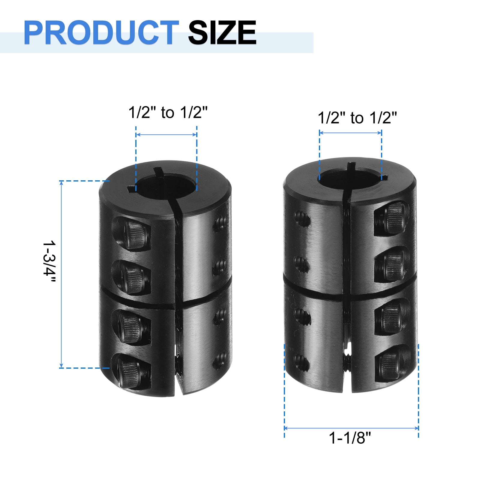 Uxcell Shaft Coupling, 1/2" to 1/2" Bore, 1-1/8" OD, 1-3/4" Length, Black Oxide Rigid Single Split Clamping Coupling with #8-32 x 1/2" Set Screws for 3D Printer Motor Wheel