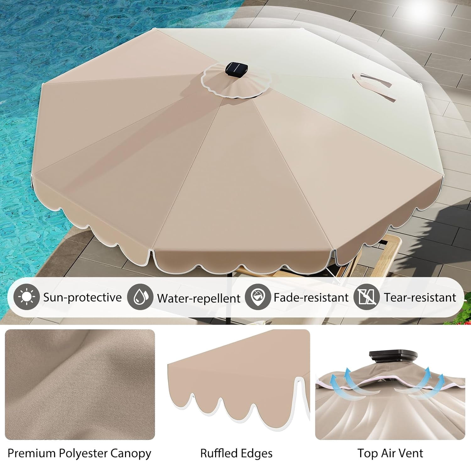 ZYPPP 10FT Solar LED Patio Umbrella, 2-Tiers Scalloped Outdoor Table Market Umbrella with 24 LED Lights, Vented Top, Tilt Adjustment, Crank, 8 Ribs for Backyard Poolside Deck Beach Lawn (Coffee)