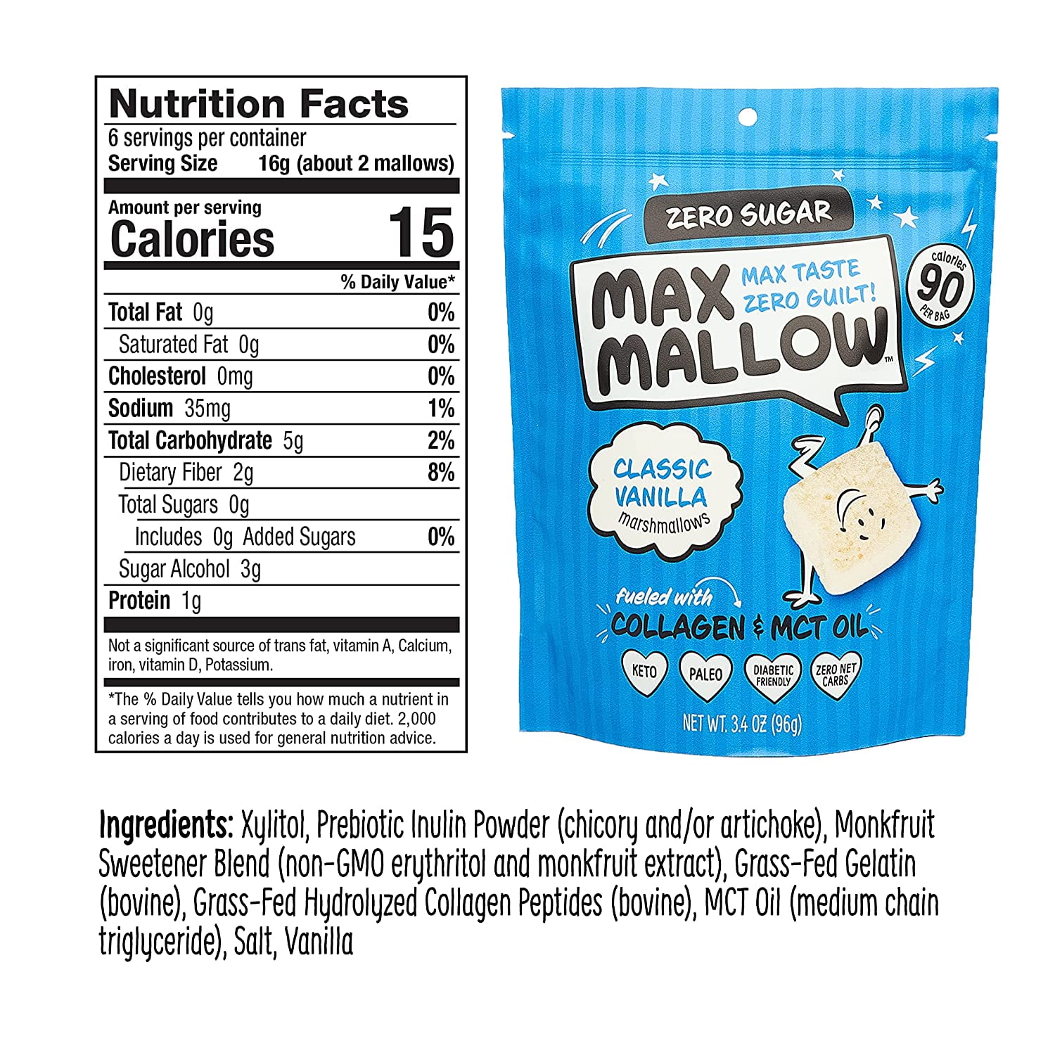 Know Brainer Max Mallow Classic Vanilla- Guilt-Free & Zero Sugar Marshmallows -Low Carb and Zero Fat