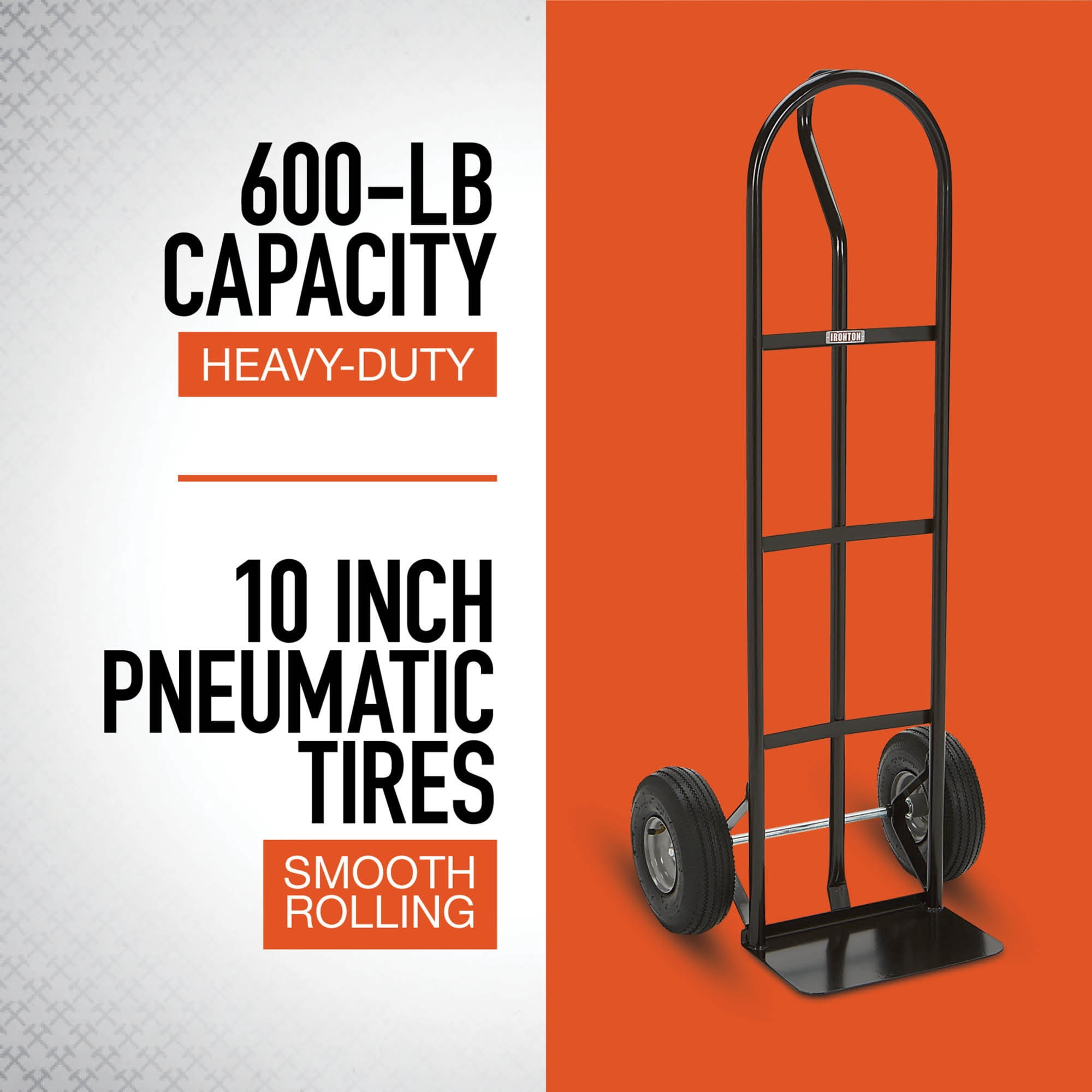 Ironton Steel Pneumatic Hand Truck, 600-Lb. Capacity, 16.93in.L x 21.65in.W x 51.57in.H
