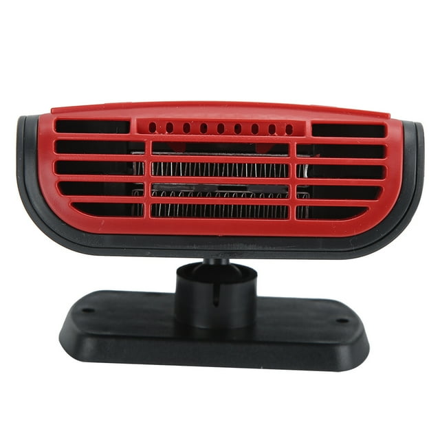 desempañador de parabrisas, calentador de automóvil compacto portátil Anggrek — vista frontal centrada de un calentador negro y rojo con rejilla horizontal y elemento calefactor visible sobre soporte giratorio y base rectangular; tamaño aprox. 15.5 x 12 x 4 cm, 12V 150W, se fija con cinta adhesiva de doble cara; suele usarse también para desescarchar vidrios laterales pequeños.